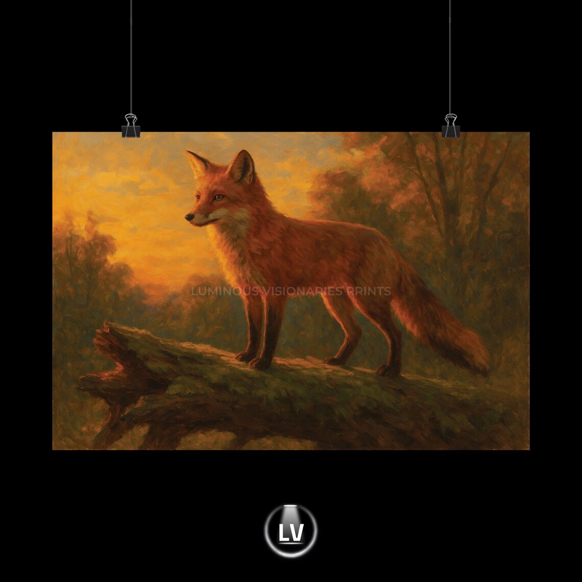 Red Fox Standing on a Log at Sunset Oil Painting Wildlife Poster