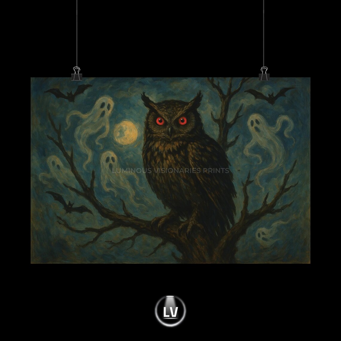 Spooky Owl Ghosts Bats Halloween Poster Red Eyed Night Horror Painting