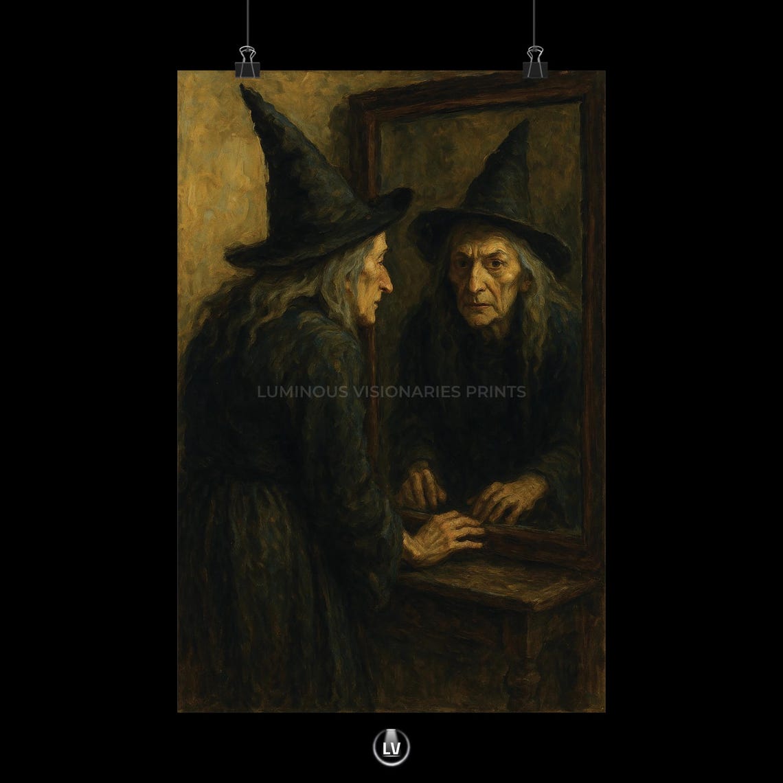 Old Witch Gazing Into Mirror Dark Fairytale Gothic Art Poster