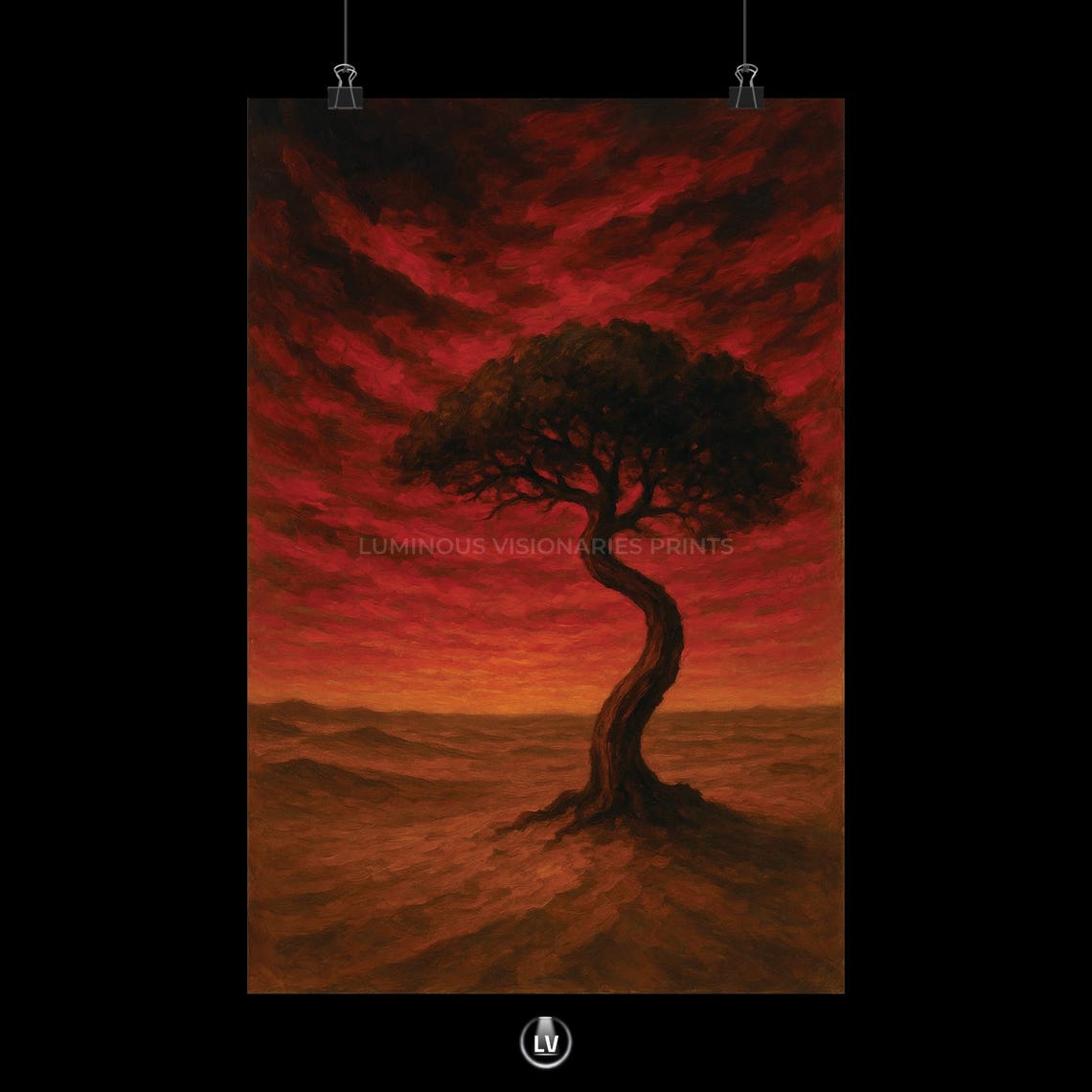 Lone Tree Silhouette Blood Red Sunset Desert Oil Painting Poster