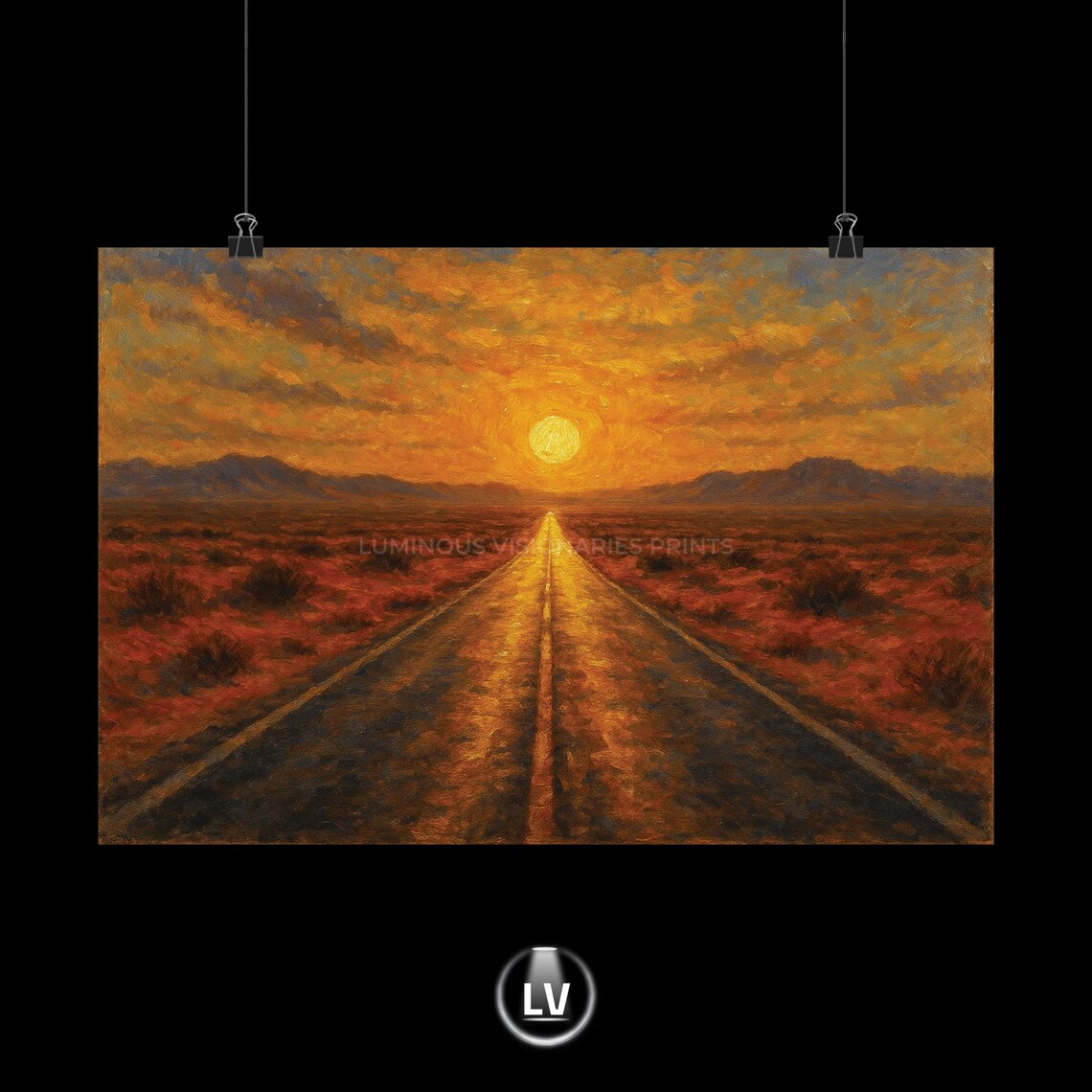 Desert Highway Sunset Oil Painting Poster Endless Road Golden Sky Artwork