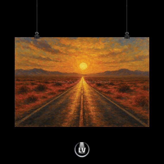 Desert Highway Sunset Oil Painting Poster Endless Road Golden Sky Artwork