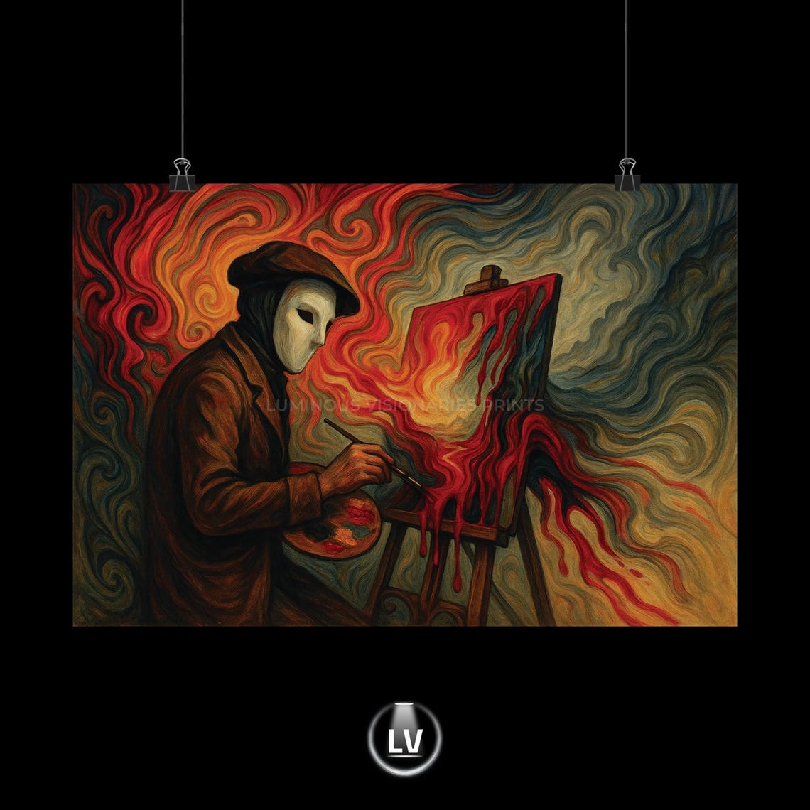 Masked Painter With Burning Canvas Surreal Dark Artist Portrait Poster