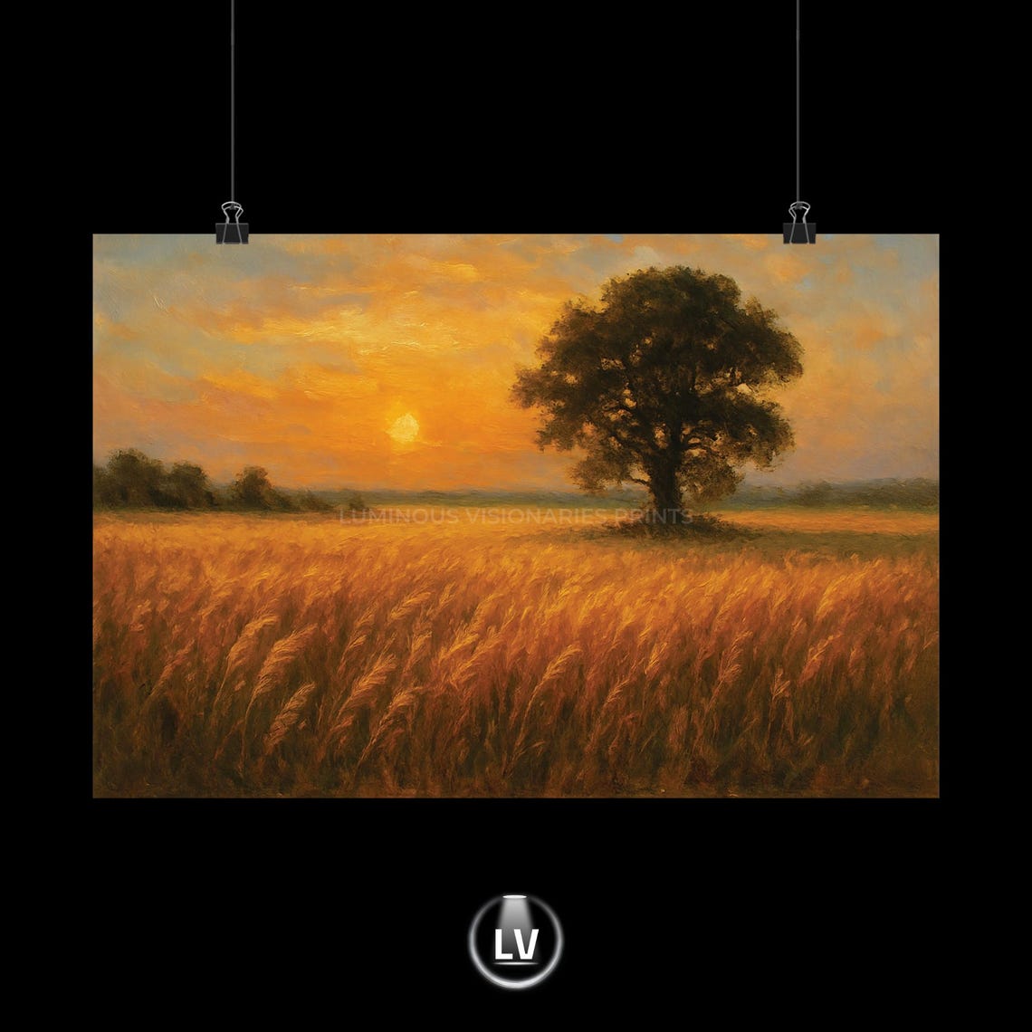 Golden Wheat Field Lone Oak Tree Sunset Landscape Oil Painting Poster