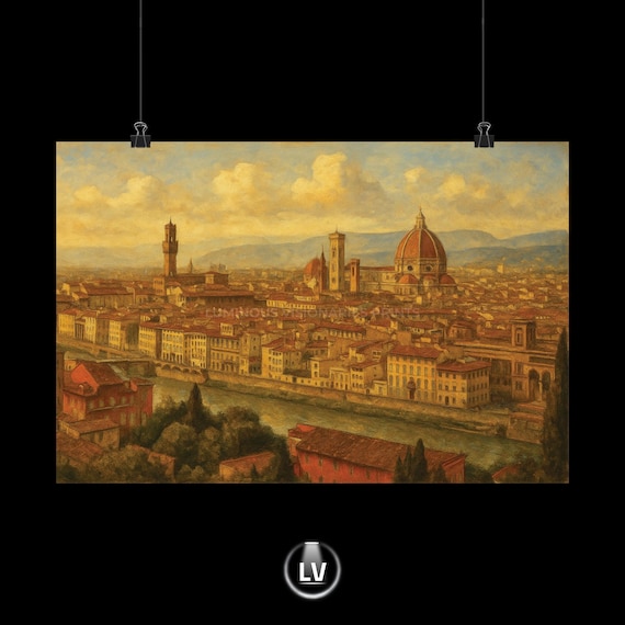 Florence Italy Duomo River Skyline Vintage Oil Painting Poster