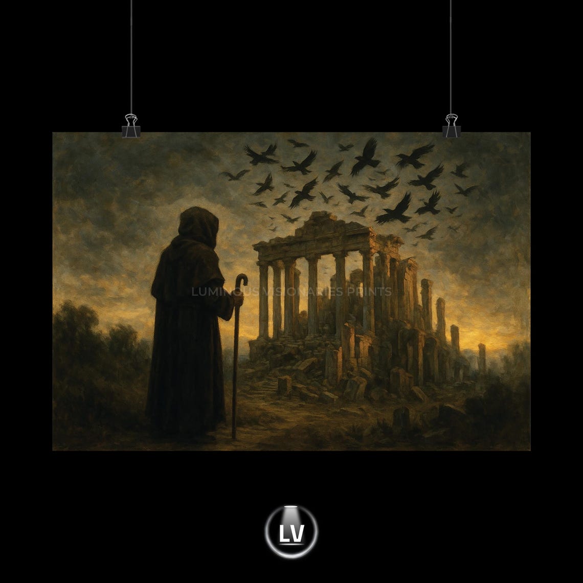 Hooded Wanderer Ancient Ruins Storm Sky Ravens Gothic Poster
