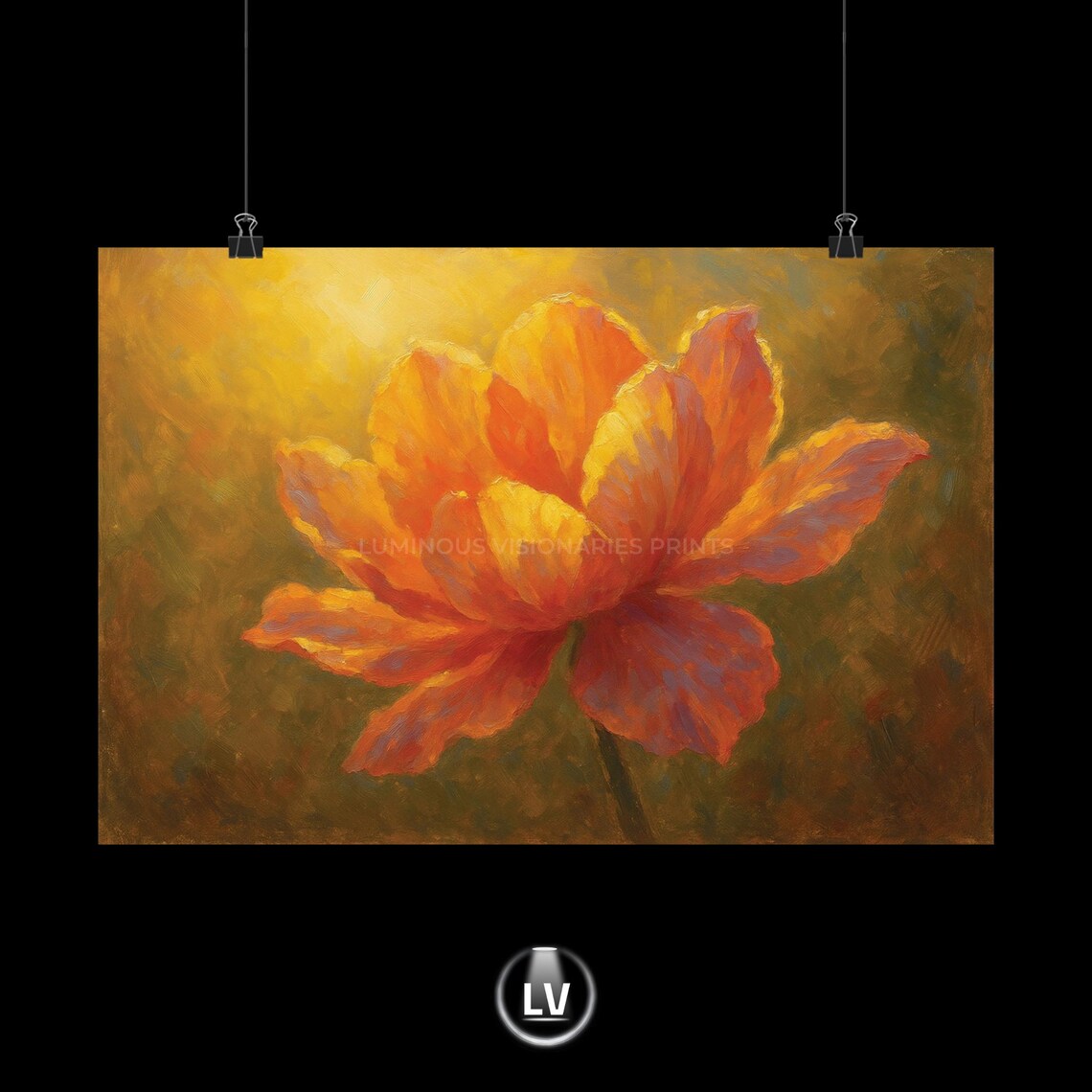 Glowing Orange Poppy Bloom Warm Floral Oil Painting Wall Art
