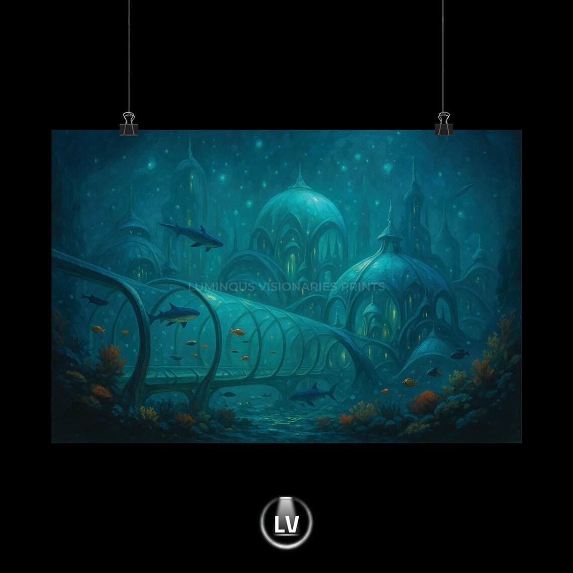 Underwater Fantasy Domed City Glass Tunnel Sharks Ocean Art Poster