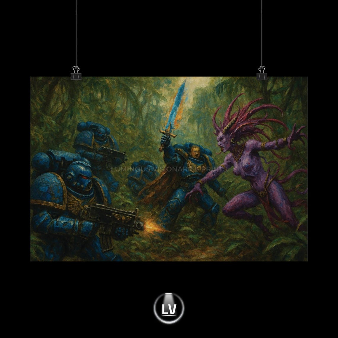 Space Marines vs Alien Warrior Jungle Battle Poster Sci-Fi Combat Art