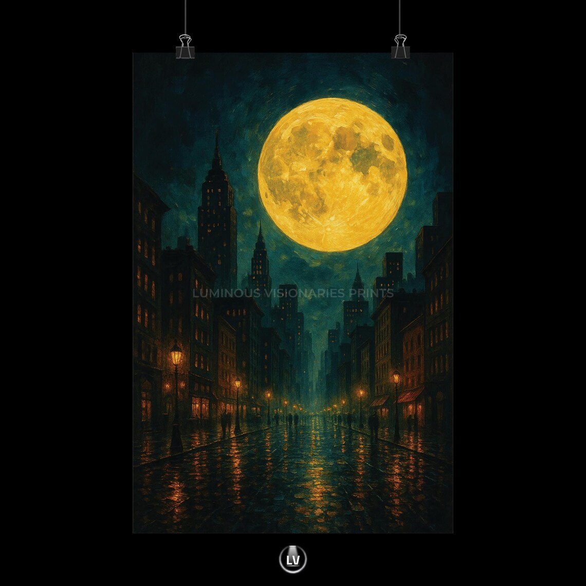 Moonlit Cityscape Poster, Nighttime Urban Art Print