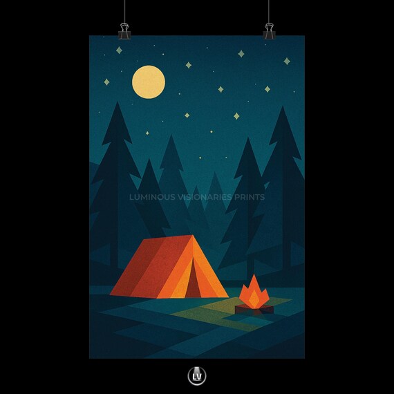 Night Camping Tent Campfire Moon Stars Forest Geometric Poster