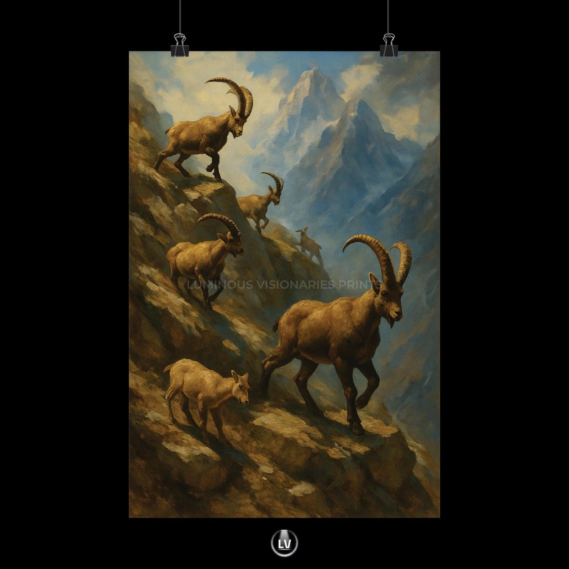 Alpine Ibex Herd on Rocky Mountain Cliff Vintage Painting Poster