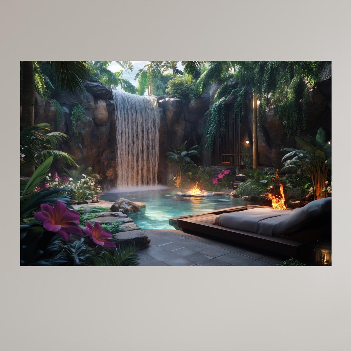 Luxury Jungle Oasis Waterfall Pool Fire Pit Daybed Blooms Poster