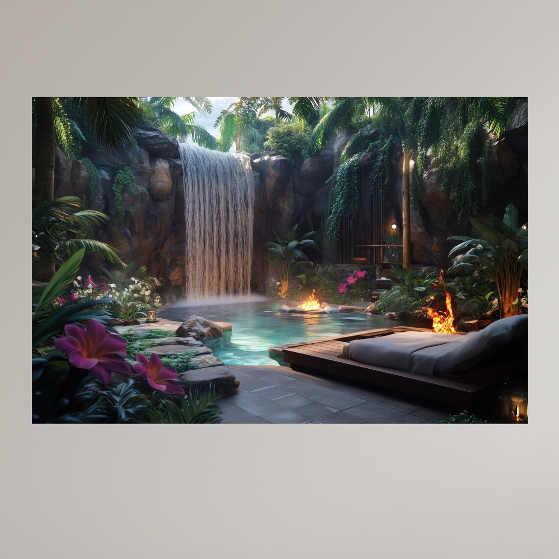 Luxury Jungle Oasis With Waterfall And Fire Pit Tropical Retreat Wall Art Exotic Relaxation Decor For Home Or Spa