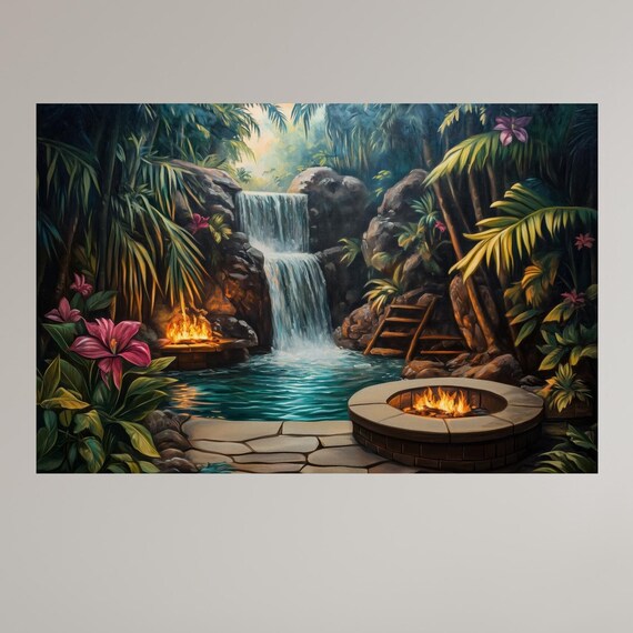 Tropical Waterfall Paradise Wall Art Lush Jungle Escape With Fire Pit And Blooming Flowers Relaxing Nature Decor