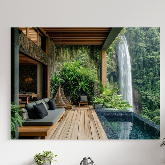 Jungle Villa Covered Patio Infinity Pool Tall Waterfall Poster