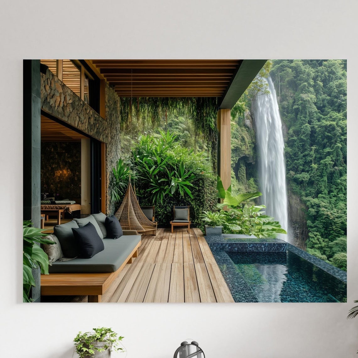 Jungle Villa Covered Patio Infinity Pool Tall Waterfall Poster