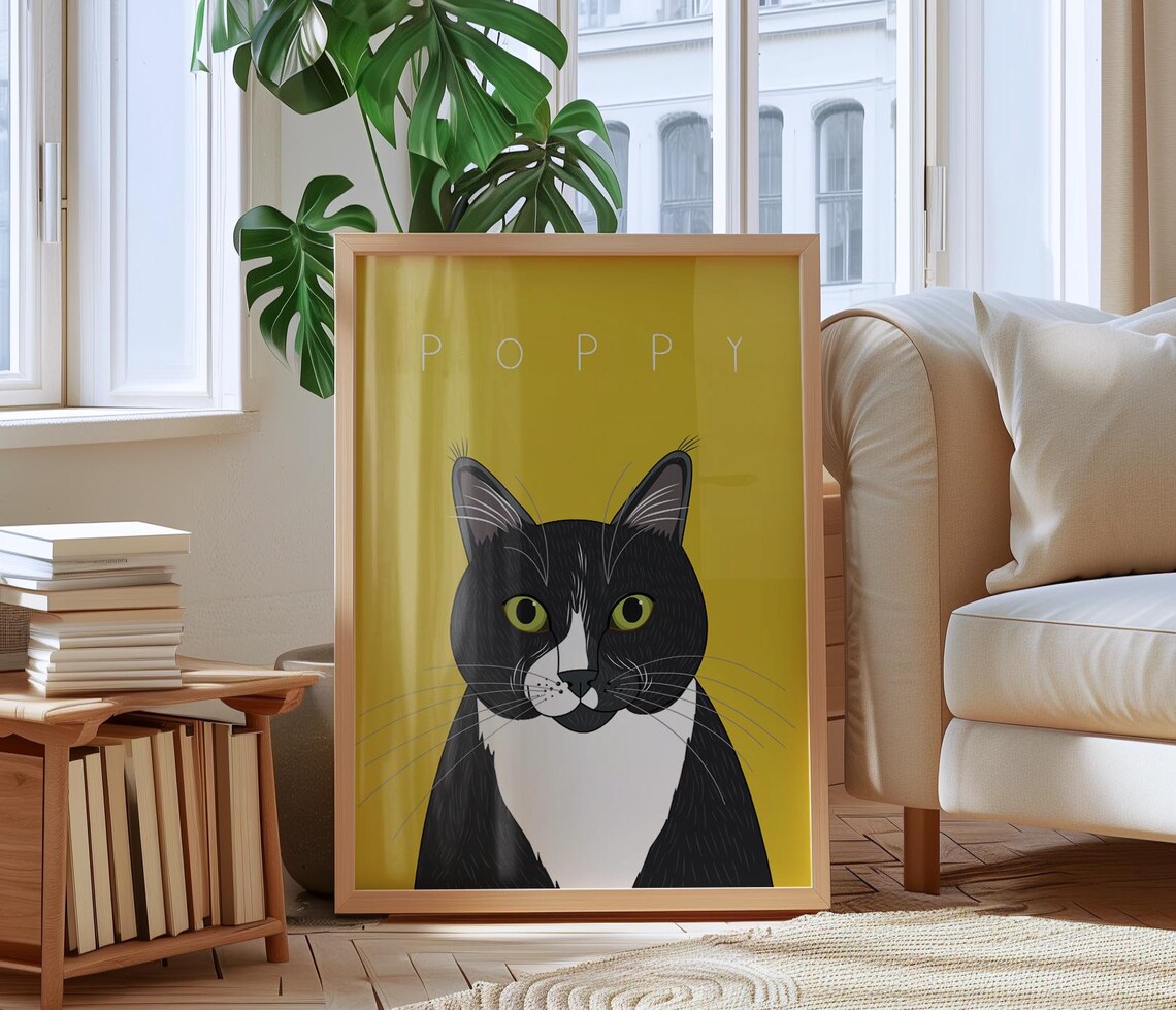 Pumpkin Black Cat on Teal Background Custom Cat Portrait Poster - Image 2