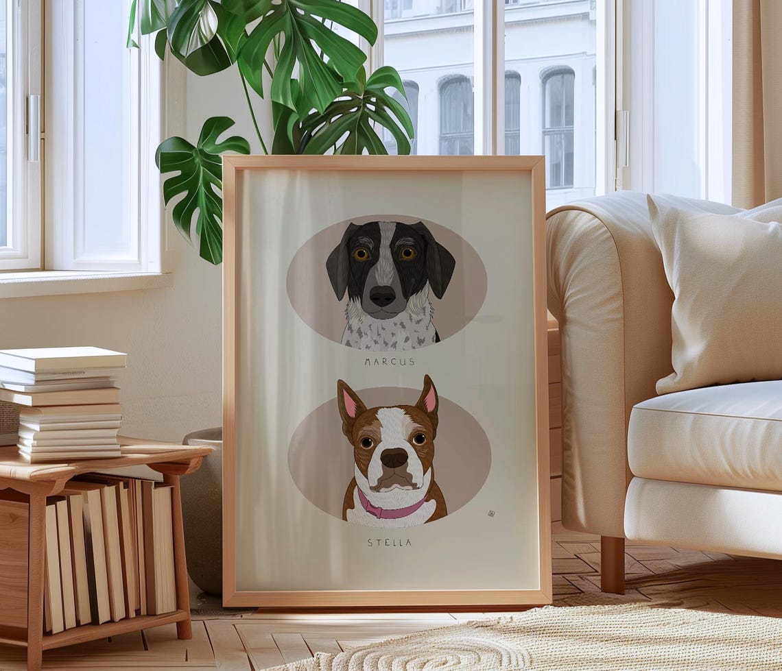Marcus and Stella Named Two Dog Portrait Custom Illustration Poster - Image 2