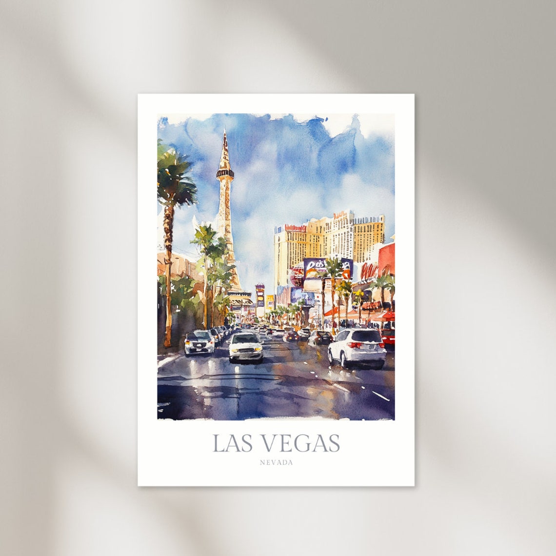 Las Vegas Nevada Strip Eiffel Tower Nightlife Watercolor Poster