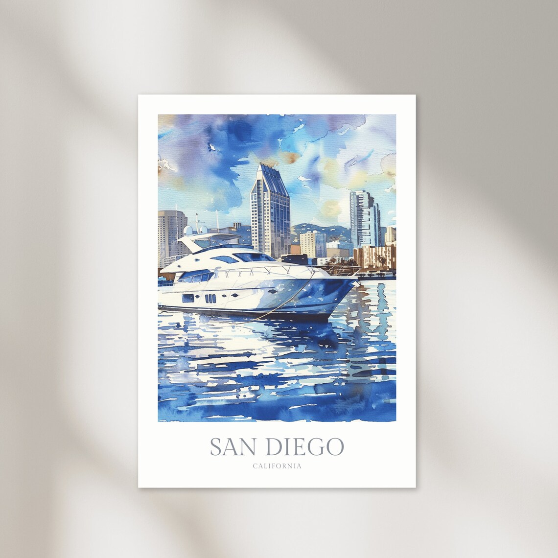 San Diego California Harbor Yacht Watercolor City Travel Poster