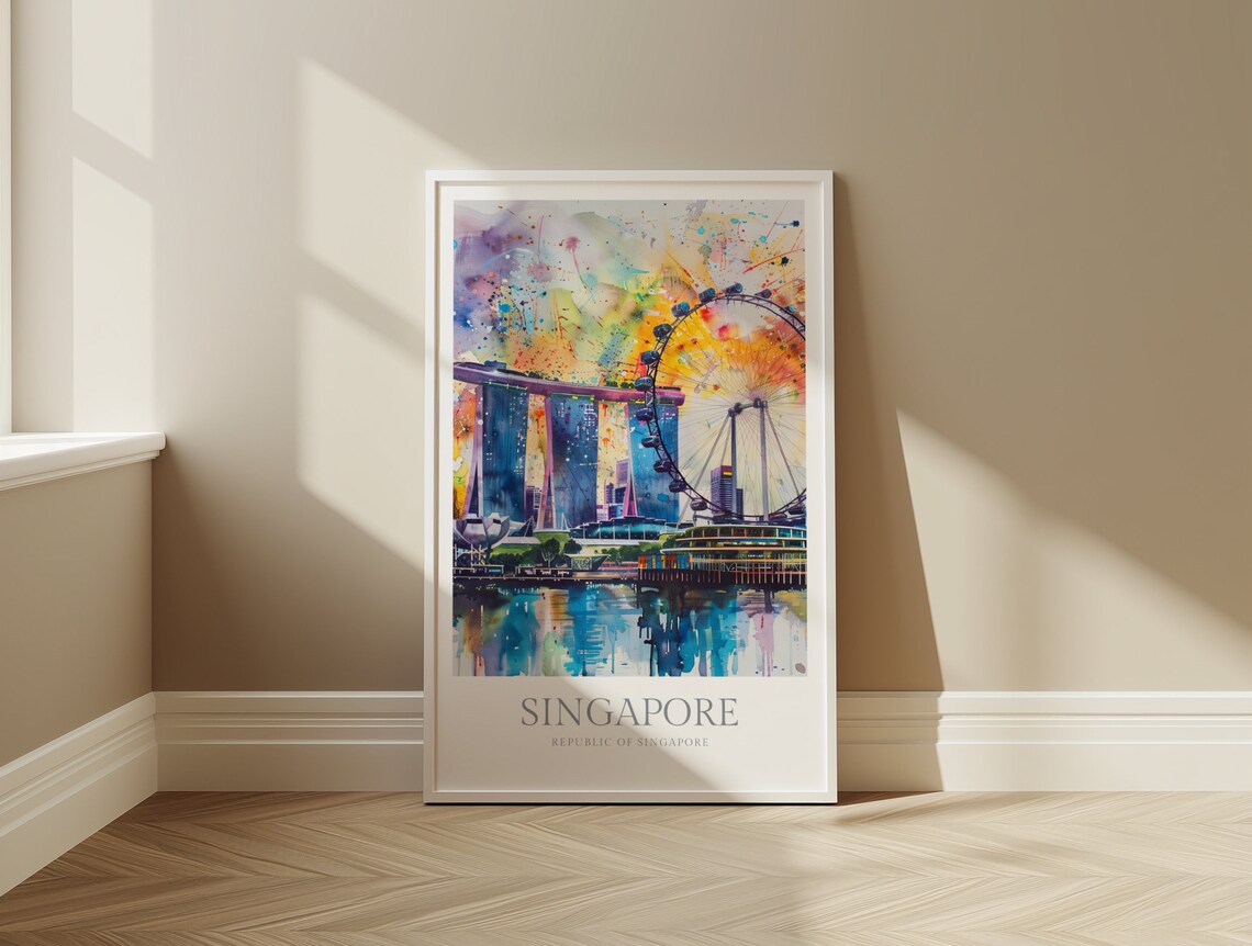 Singapore Flyer Marina Bay Sands Ferris Wheel Watercolor Travel Poster - Image 2