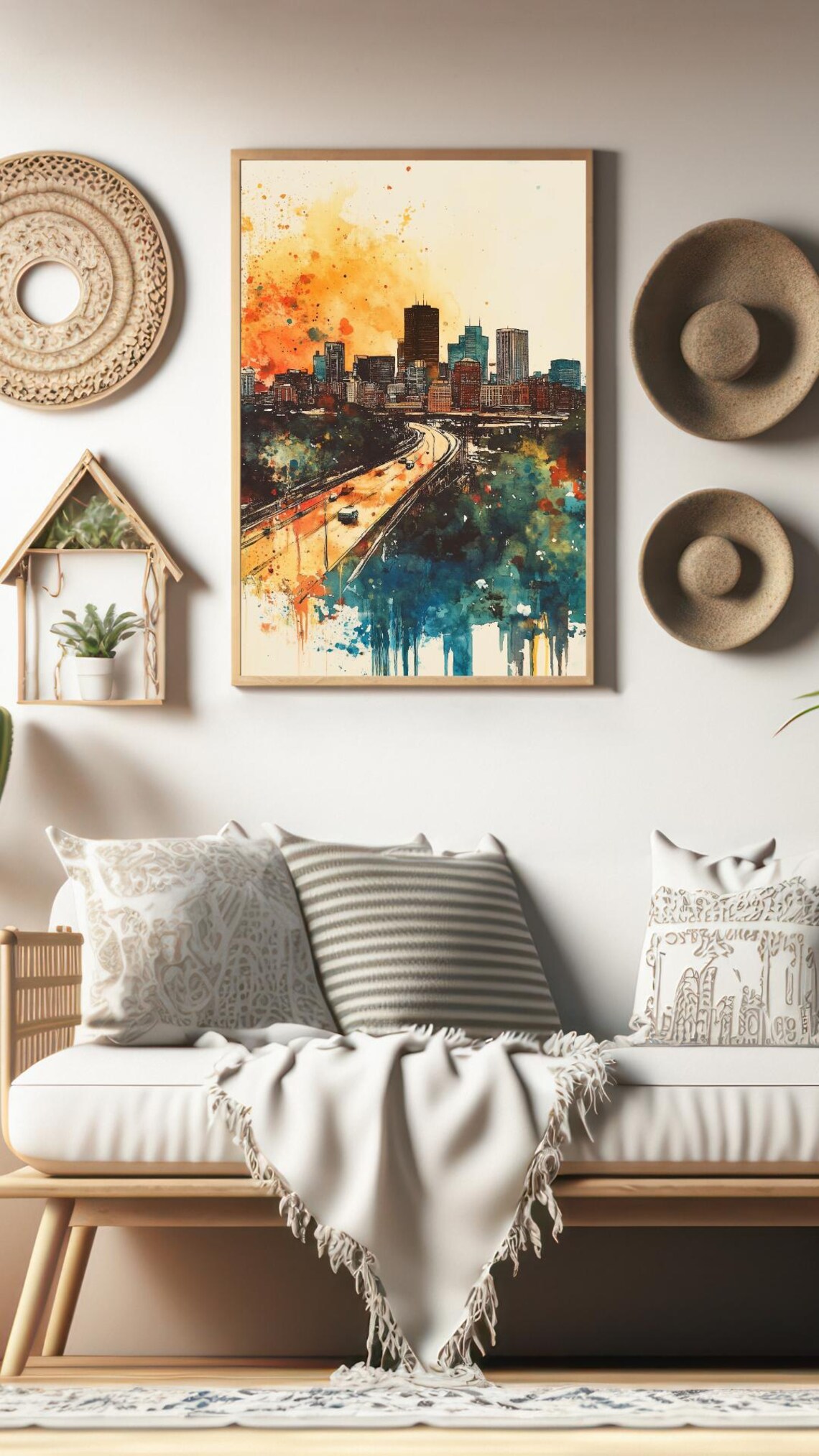 Boston Skyline Retro Watercolor Highway Bridge Sunset Art Poster - Image 2