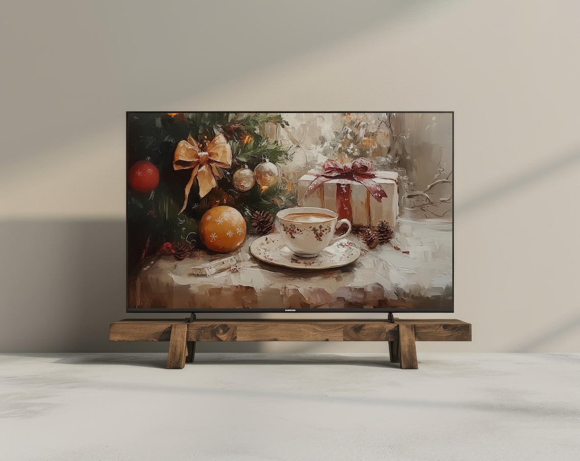 Vintage Christmas Still Life Ornaments Gift Teacup Oil Painting Wall Art - Image 2
