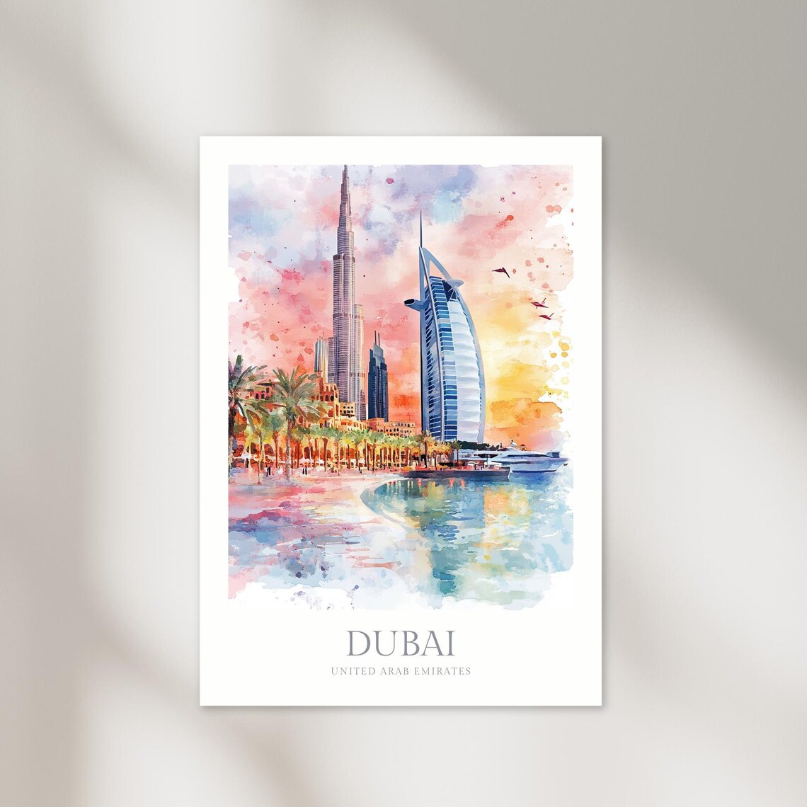 Dubai Watercolor Burj Khalifa Burj Al Arab Skyline Sunset Poster