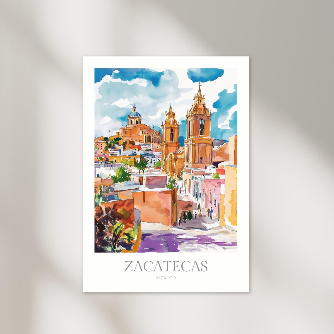 Zacatecas Watercolor Travel Poster, Mexico Art Print