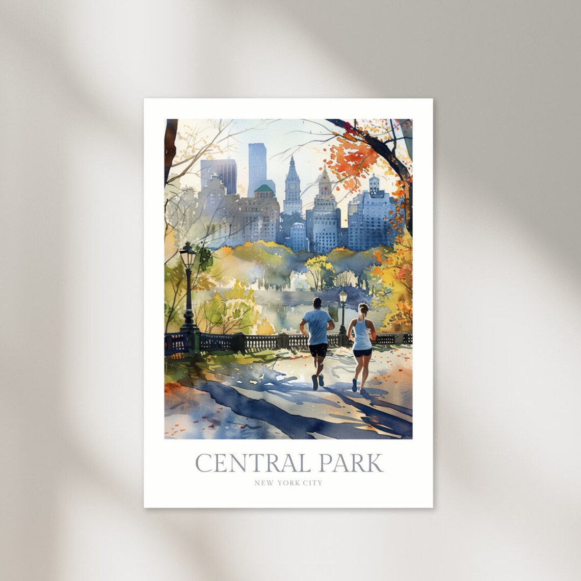 Central Park New York City Runners Autumn Skyline Watercolor Poster