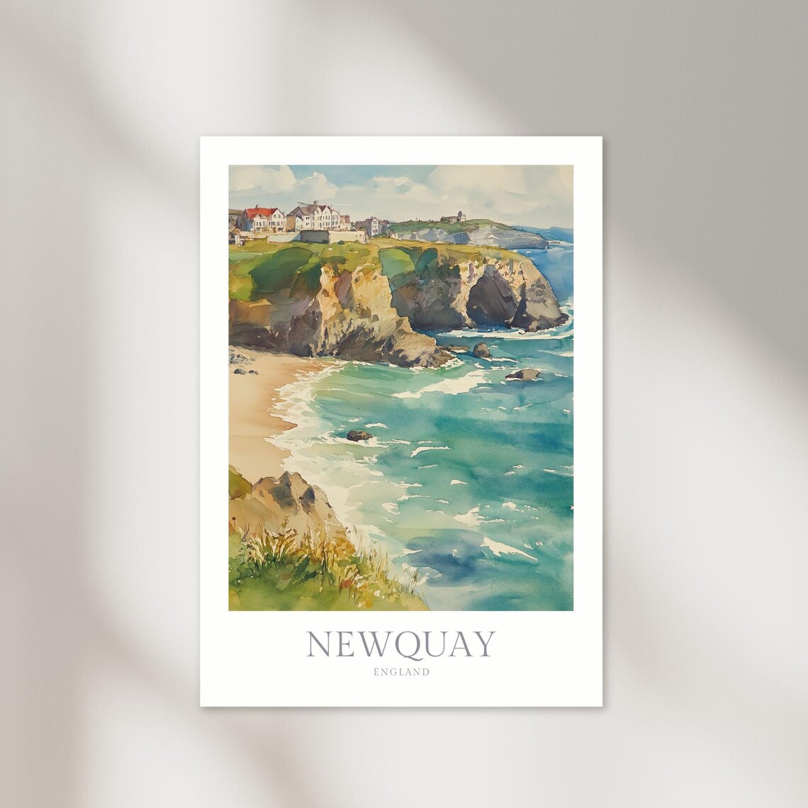 Newquay England Cliffside Beach Cove Surf Coast Watercolor Poster