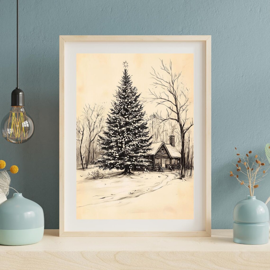 Vintage Sepia Pencil Sketch Snowy Evergreen Cabin Winter Art Poster - Image 2