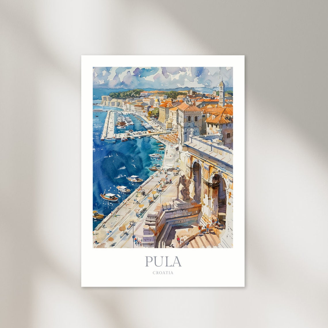 Pula Croatia Watercolor Harbor Boats Waterfront Poster Artwork