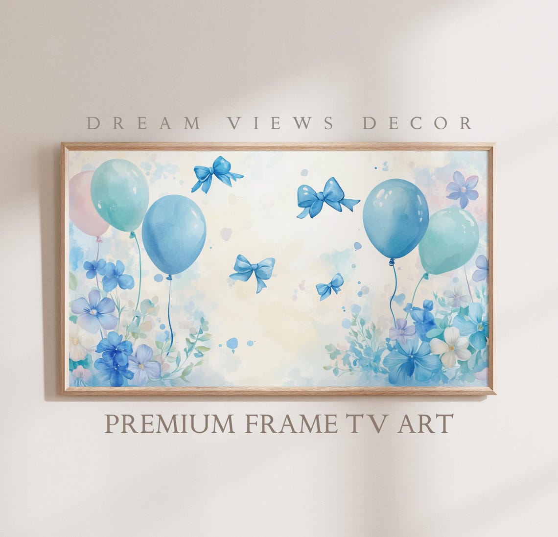 Blue Balloons Bows Watercolor Baby Boy Nursery Soft Pastel Wall Art