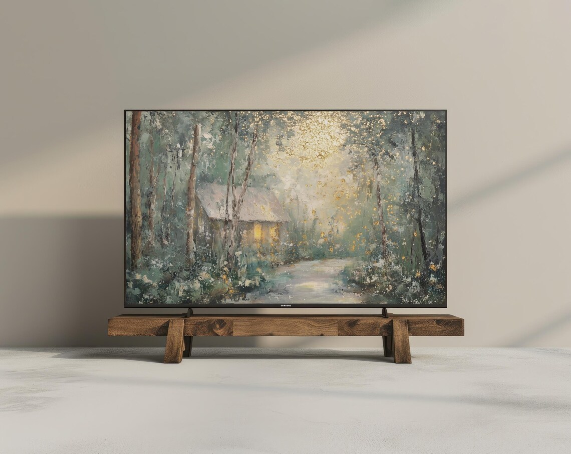 Golden Forest Cabin Glowing Light Dreamy Woodland Painting Wall Art - Image 3