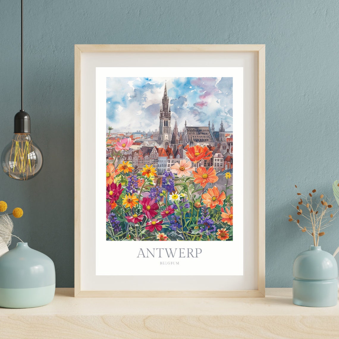 Antwerp Belgium Cathedral Watercolor Flower Garden Travel Poster - Image 2