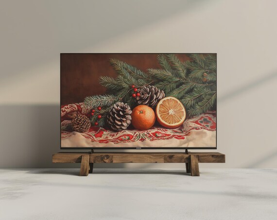 Rustic Christmas Botanical Pine Orange Still Life TV Art Digital Poster
