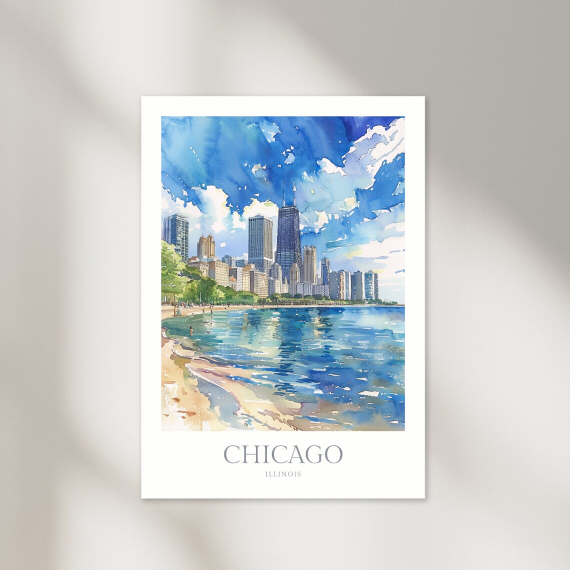 Chicago, Illinois Watercolor Art Print, Travel Poster