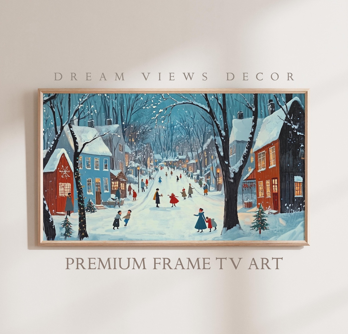 Snowy Christmas Village Street Folk Painting Night Winter Wall Art