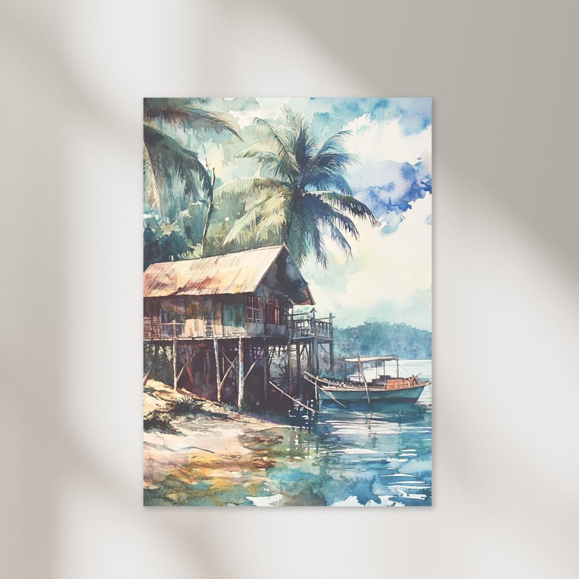 Philippines Tropical Stilt House Watercolor Beach Art Poster