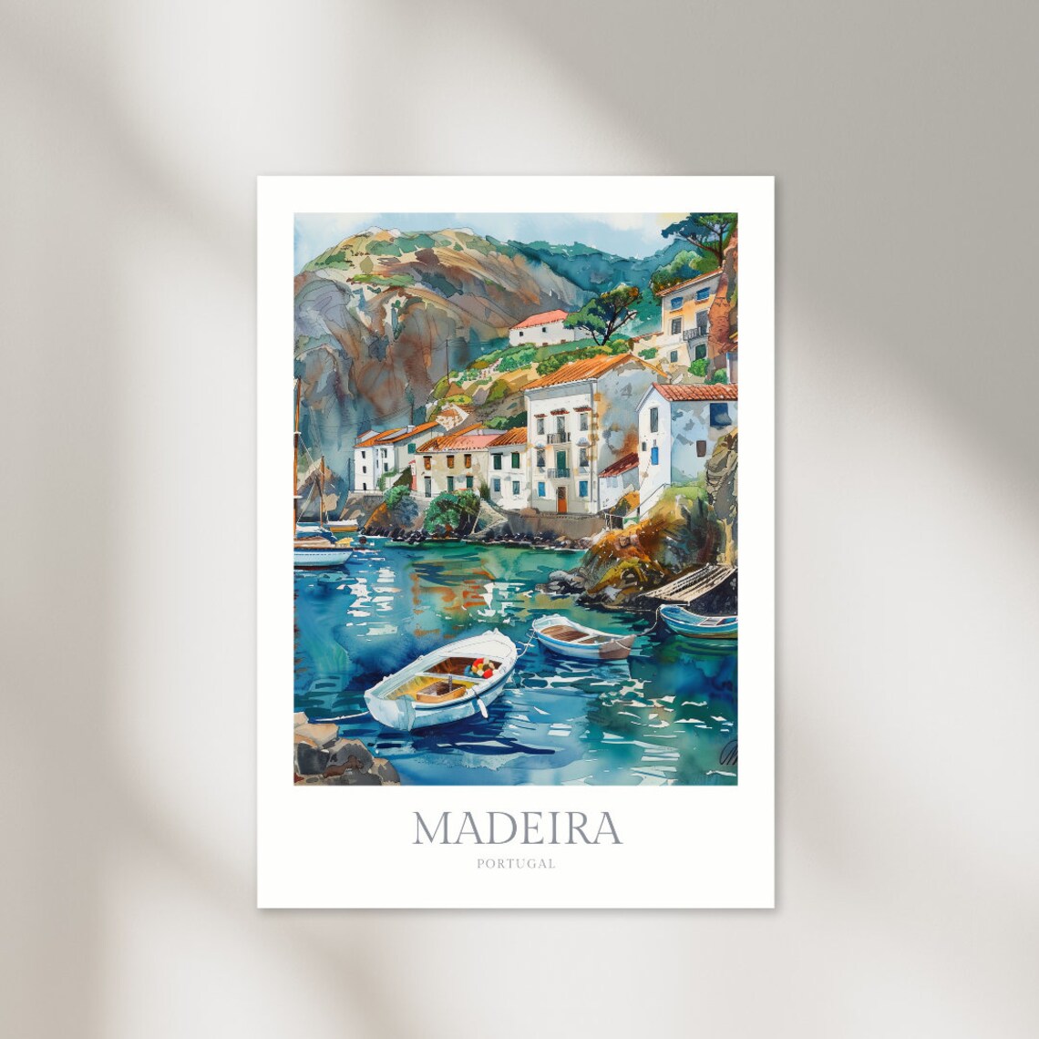 Madeira Portugal Coastal Village Boats Harbor Watercolor Poster