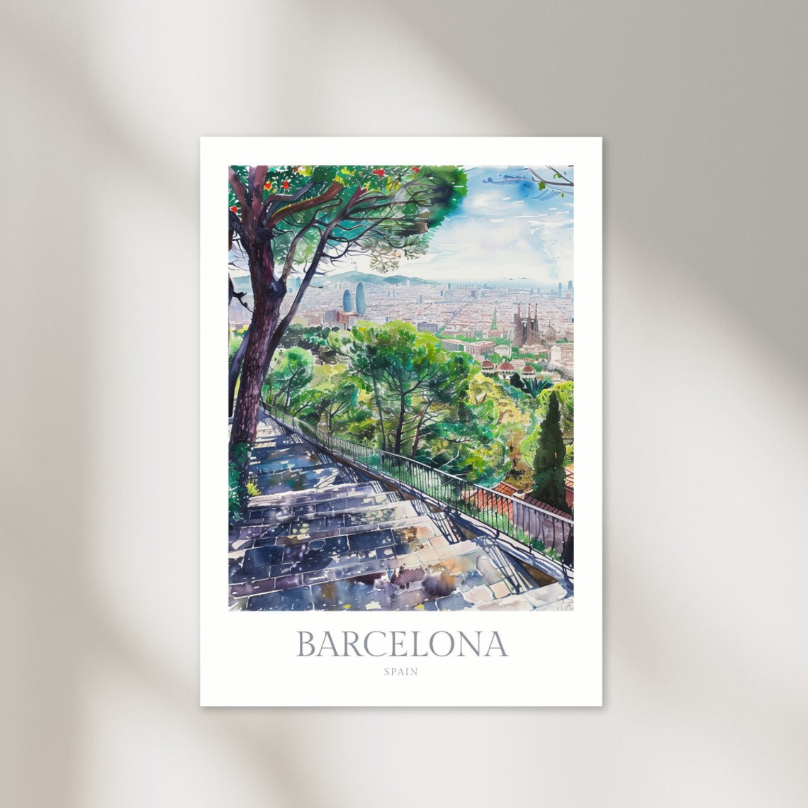 Barcelona Spain Watercolor Travel Poster, Tibidabo