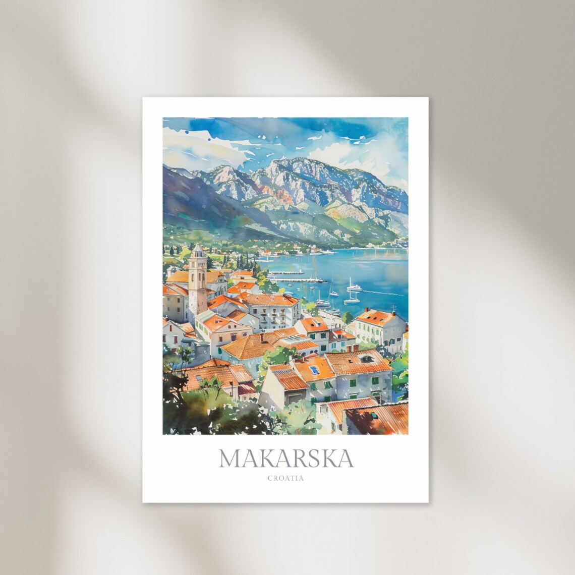 Makarska Croatia Watercolor Old Town Harbor Mountain Travel Poster