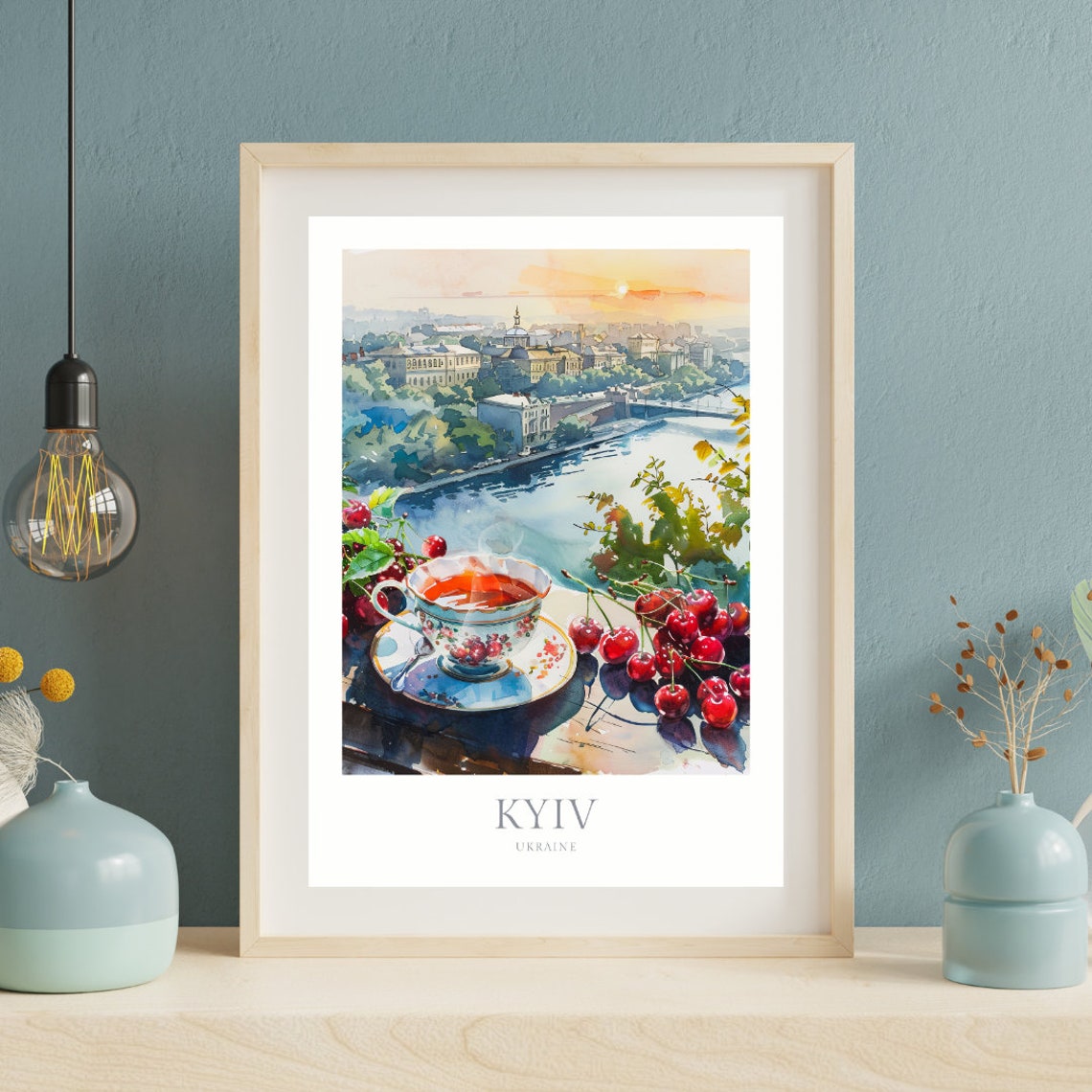 Kyiv Ukraine Watercolor Tea Cup With Cherries Sunset River Poster - Image 2