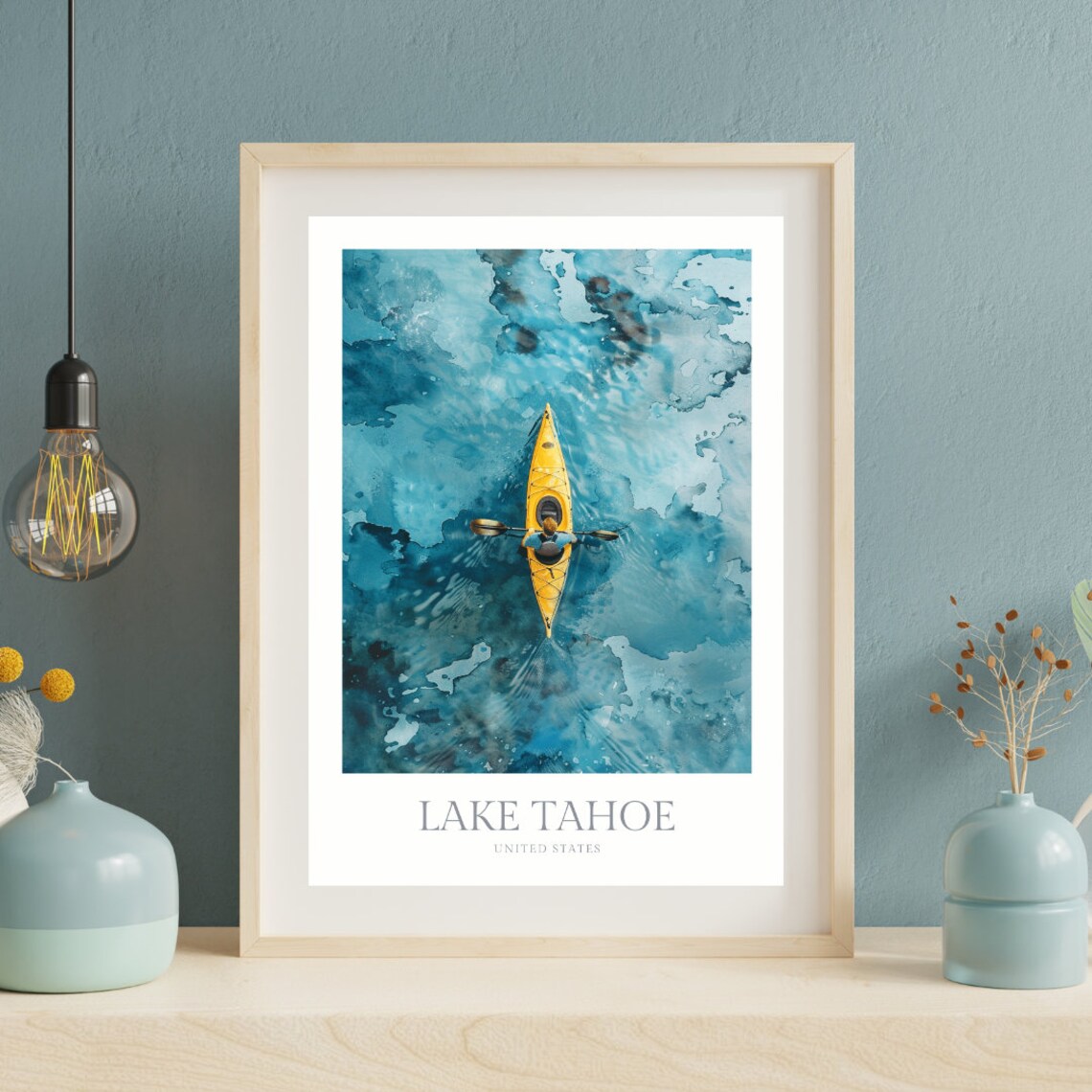 Lake Tahoe United States Yellow Kayak Aerial Watercolor Travel Poster - Image 2
