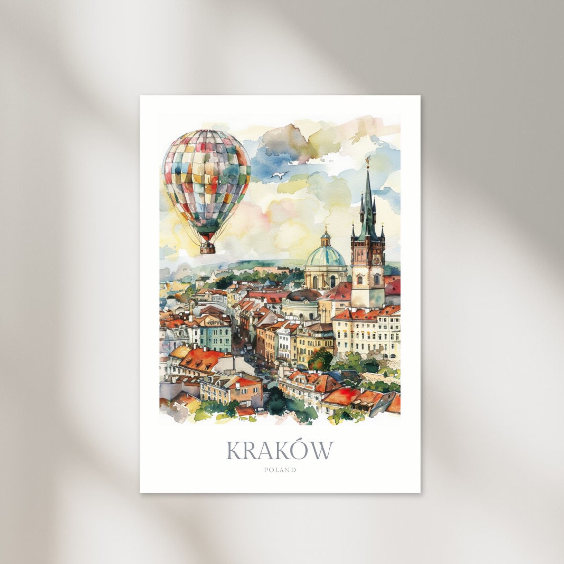 Krakow Poland Watercolor Old Town Hot Air Balloon Poster View