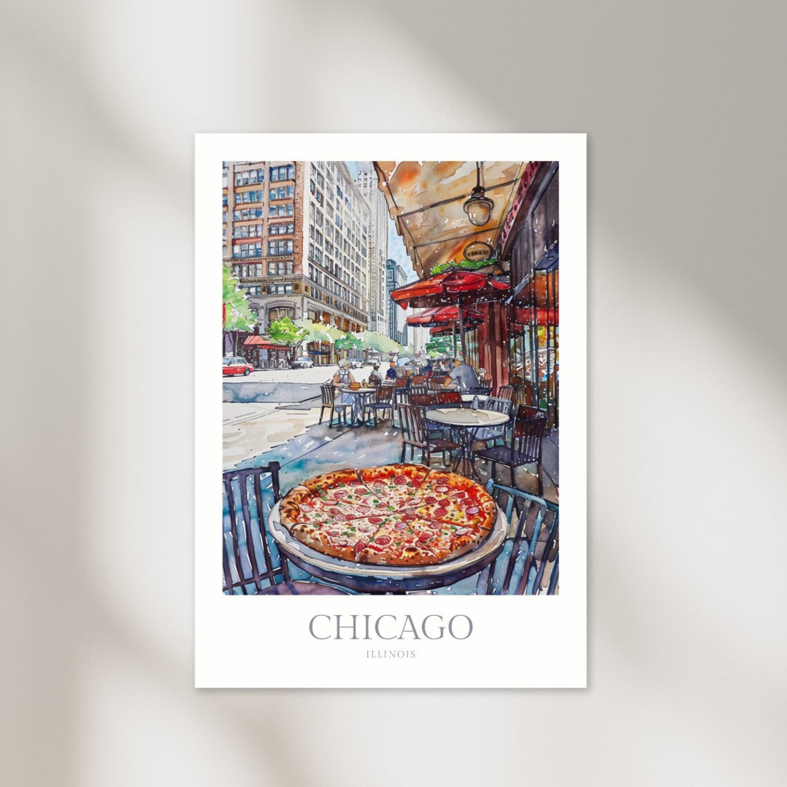 Chicago Deep Dish Pizza Street Cafe Watercolor Illinois Art Poster
