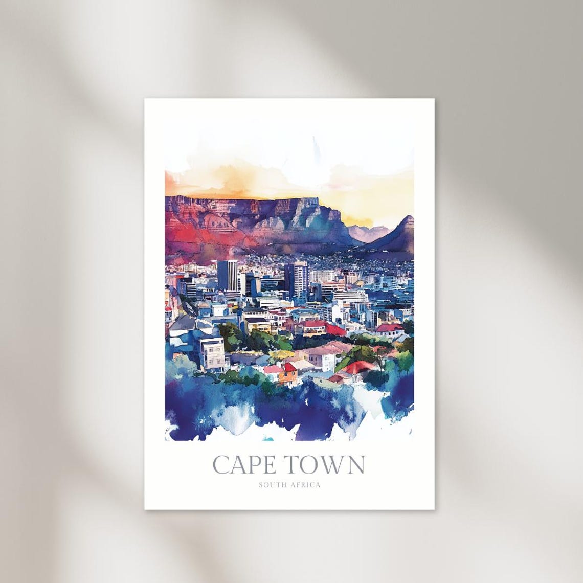 Cape Town South Africa Table Mountain Watercolor Skyline Poster
