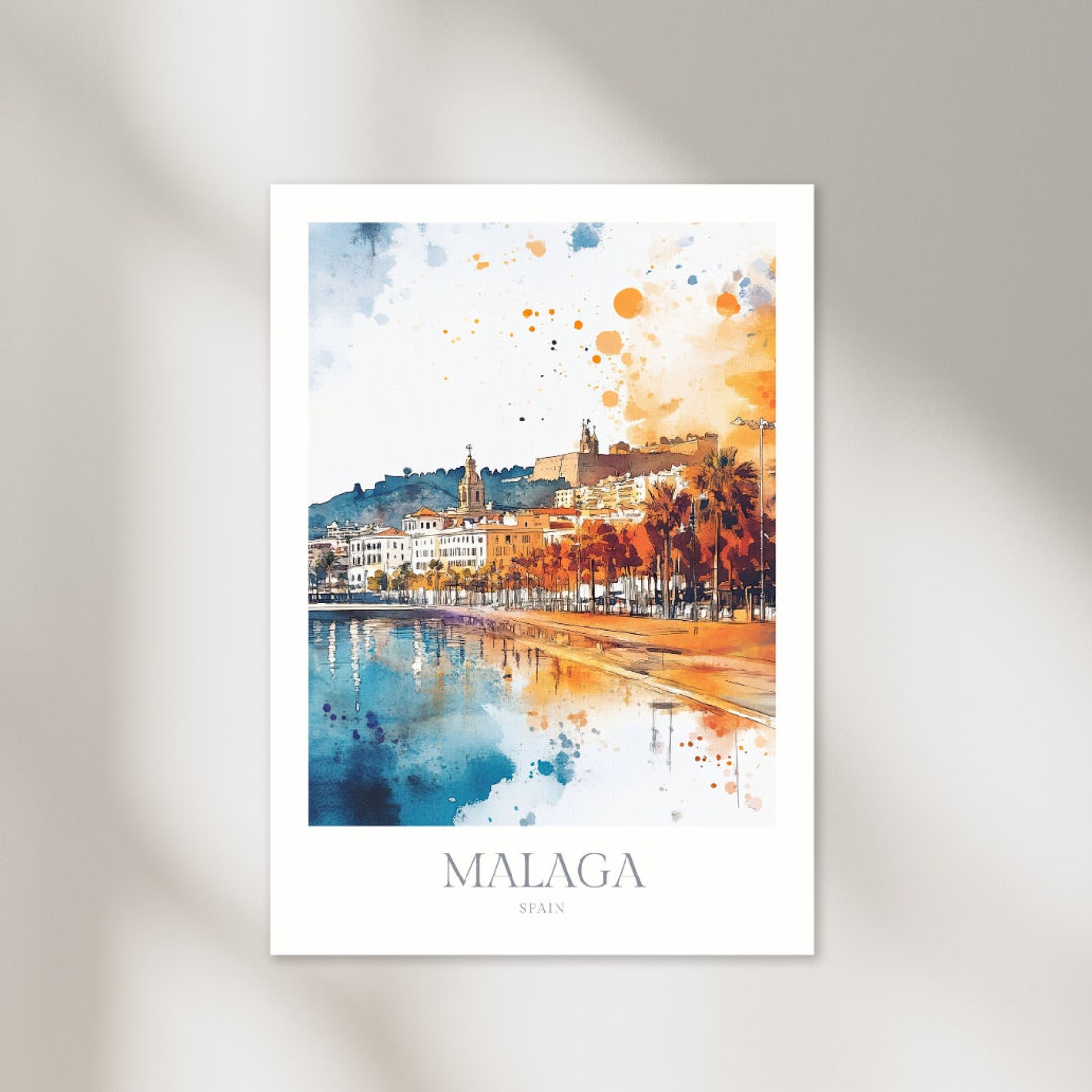 Malaga Spain Harbor Waterfront Cathedral Sunset Watercolor Poster